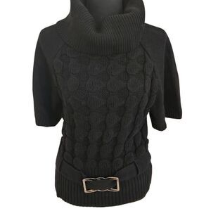 Elena Wang Womens Turtle Neck Bubble Knit Short Sleeve Sweater Black Medium
